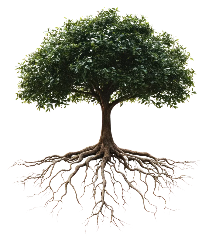 A mature tree with a full canopy and an exposed root system.